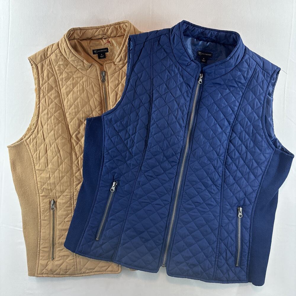 Lot Of 2 New Direction Women's Size 1X Quilted Blue And Gold Vest Stretch Sides